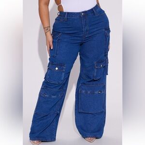 Lily High Rise Cargo Jeans - Medium Blue Wash